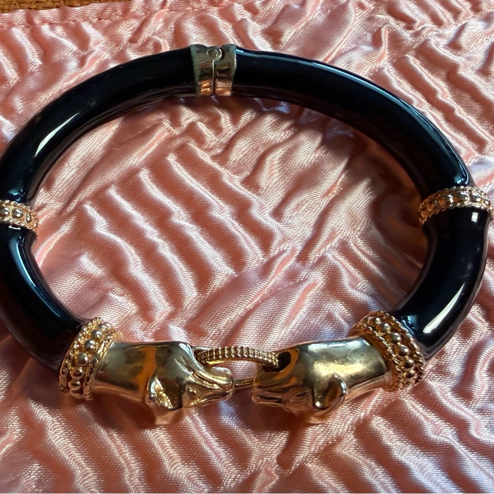 Vintage Gold Panther Head Black Resin Bangle Bracelet - Picture 2 of 2